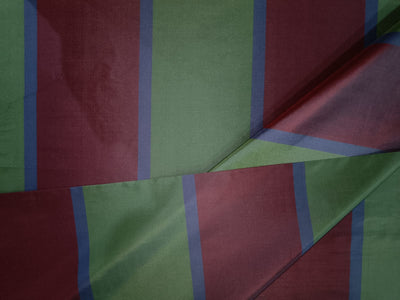 100% SILK TAFFETA FABRIC Wine Red,Royal Blue & Apple Green colour stripe Iridescent 54" wide TafS55