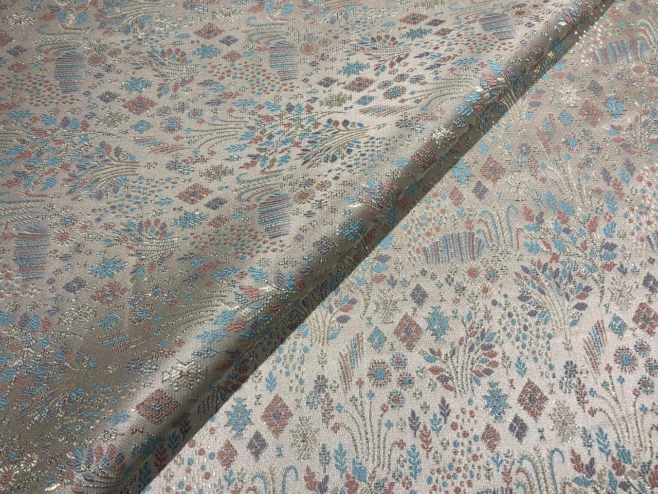 Silk Brocade fabric 56" silver with pink and blue floral jacquard with subtle metallic silver BRO1061[1]