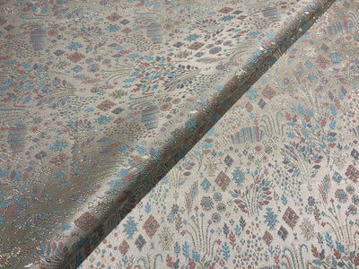 Silk Brocade fabric 56" silver with pink and blue floral jacquard with subtle metallic silver BRO1061[1]