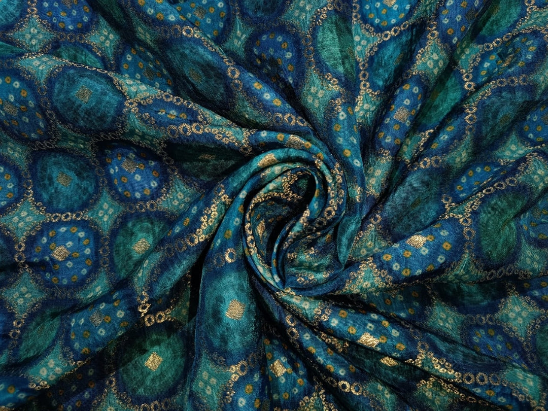 Silk Brocade fabric peacock blue green color 44