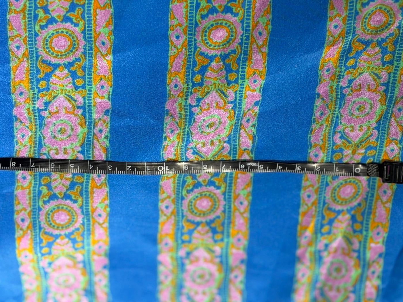 Pure silk  crepe printed fabric stripes of blue and orange, pink floral 54"[18263]