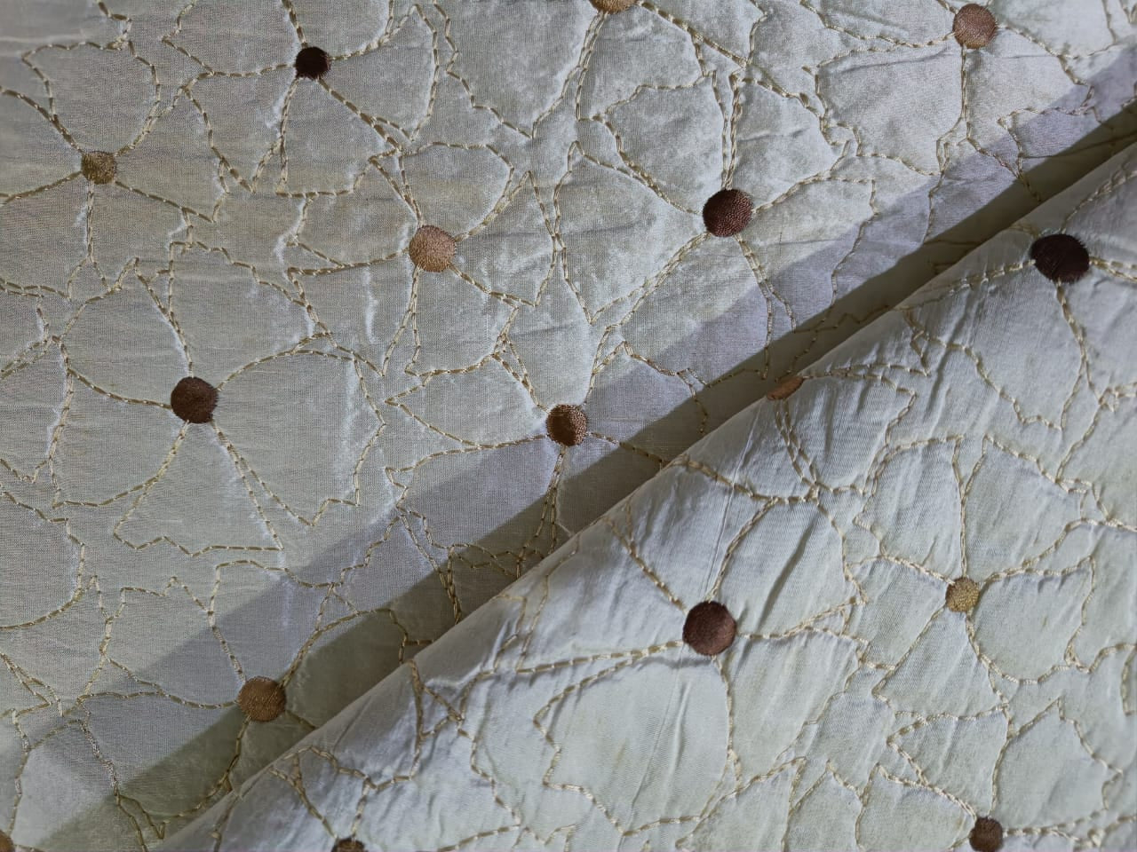 Silk Dupioni Quilted Fabric with dots available in 3 colours IVORY/GREY AND BURGUNDY