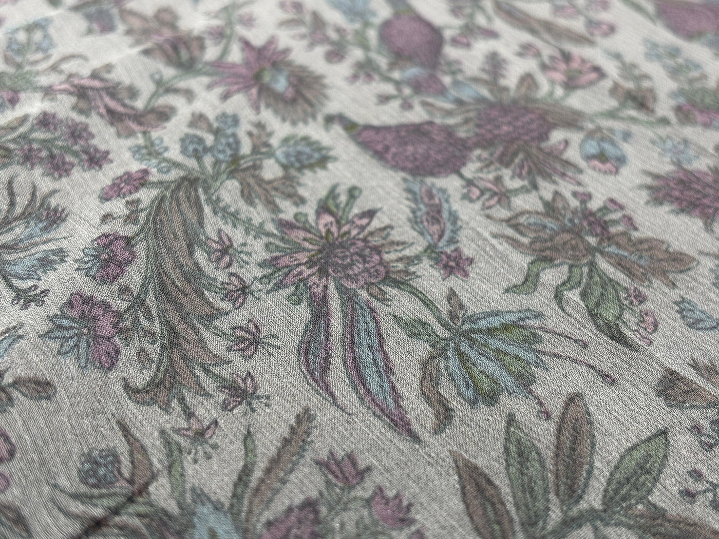 Silk chiffon  fabric iridescent  pink green and grey floral with bird  print  44" wide [17794]