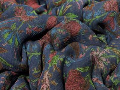 Silk chiffon printed  fabric deep ink blue  Color with red and green floral Print 44" wide [17793]