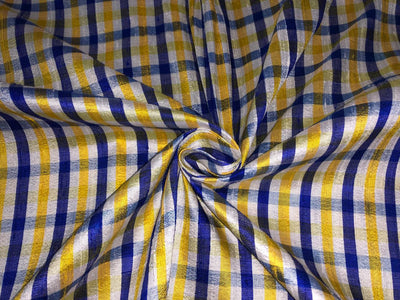 100% silk dupion  Plaids fabric with slubs shades of golden yellow ,blue ,royal blue and white yellow 54" wide DUPNEWC26[3]