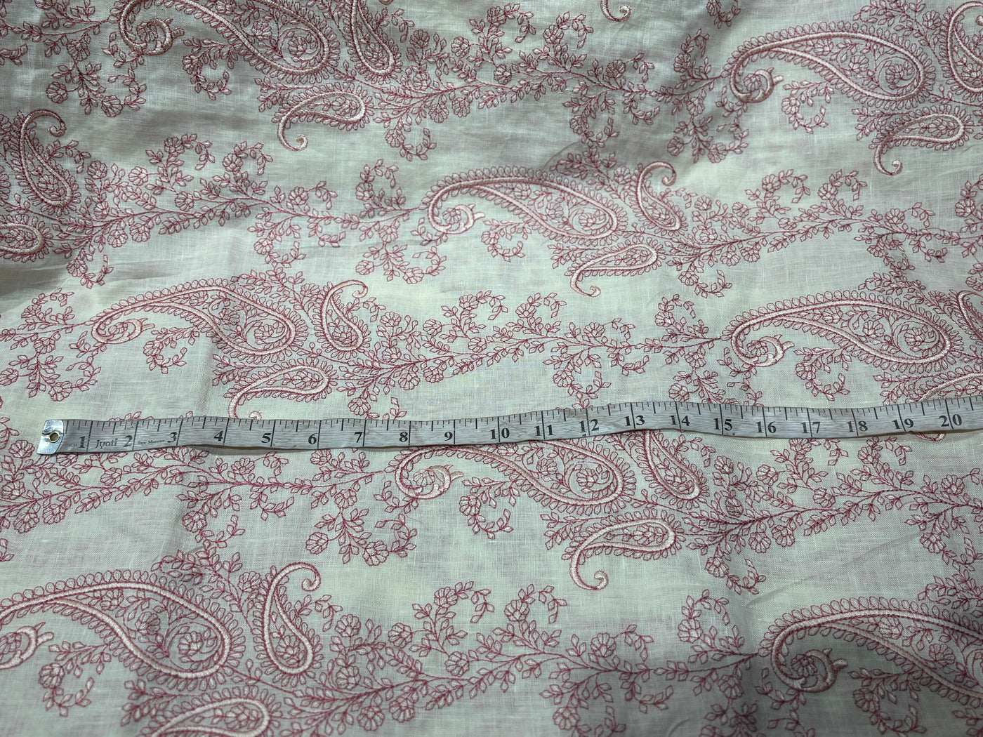 100% Linen  Kashmiri Embroidered fabric paisleys 58" wide available in 3 colors ivory with pink paisleys ,camel with navy paisley and ivory with beige paisley