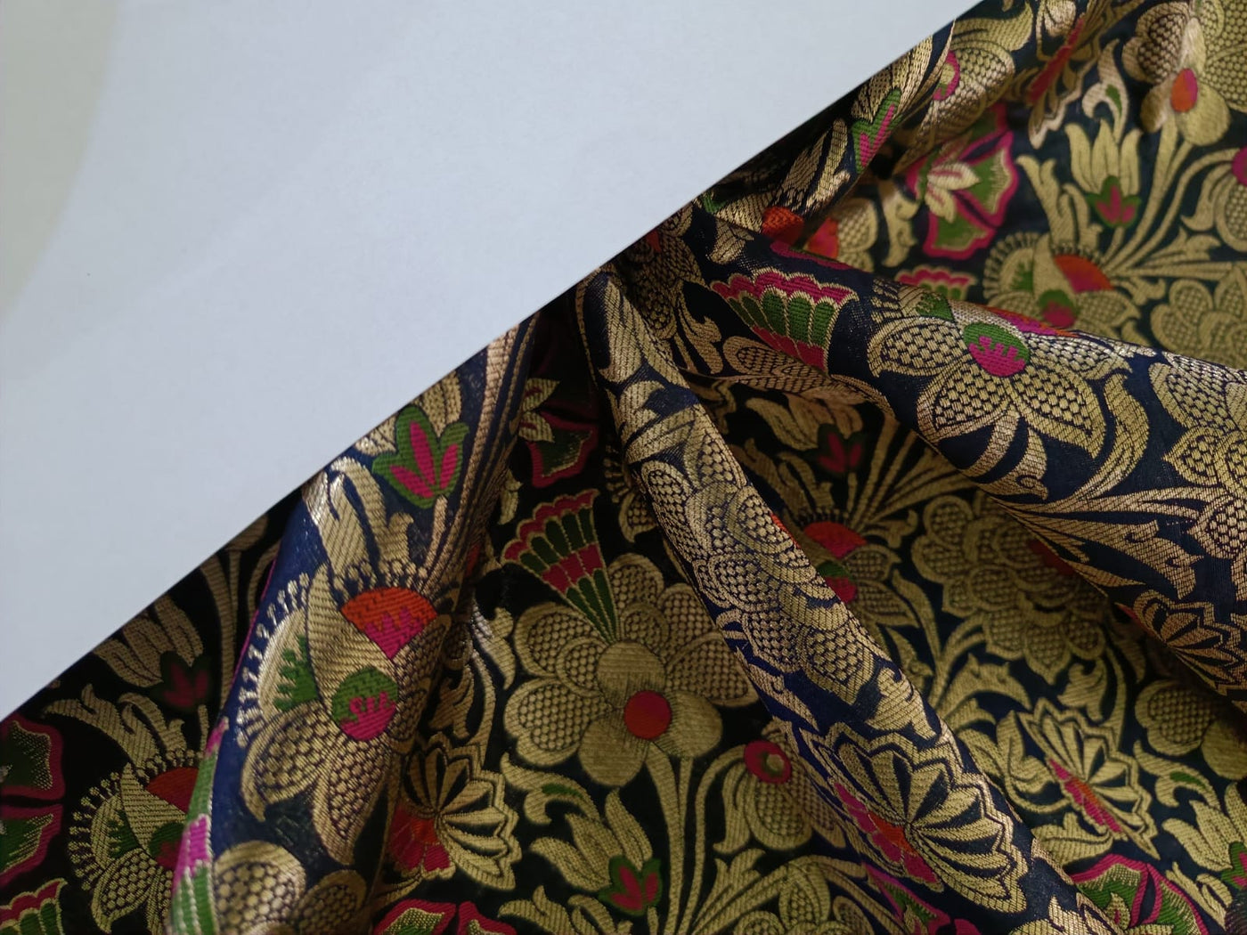 Silk Brocade fabric navy, pink, orange, green x metallic gold jacquard 44" WIDE BRO902[4]