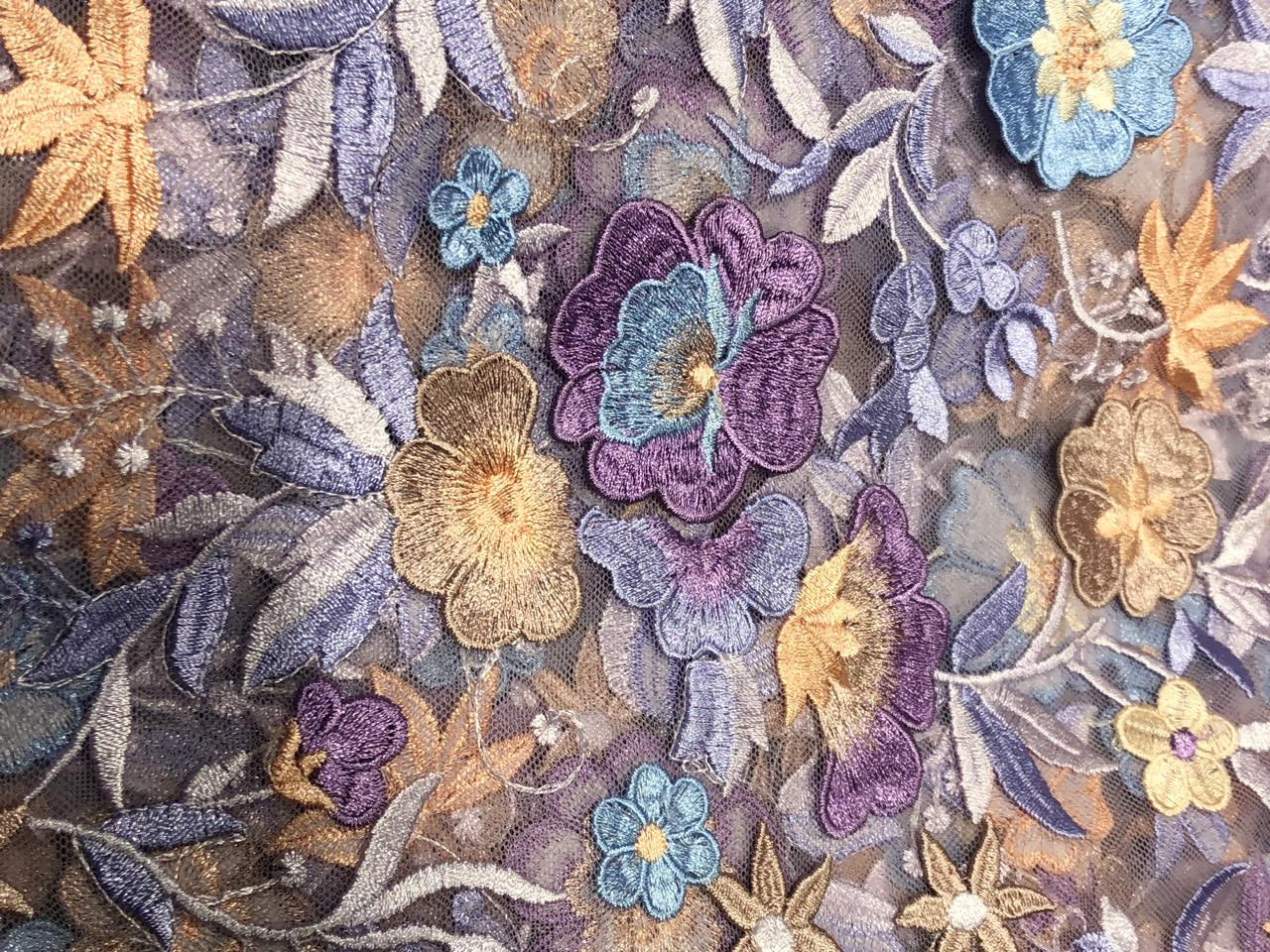 NET fabric lilac with floral embroidery with patchwork of nude pink, lilac and blue flowers 58" wide [17716]