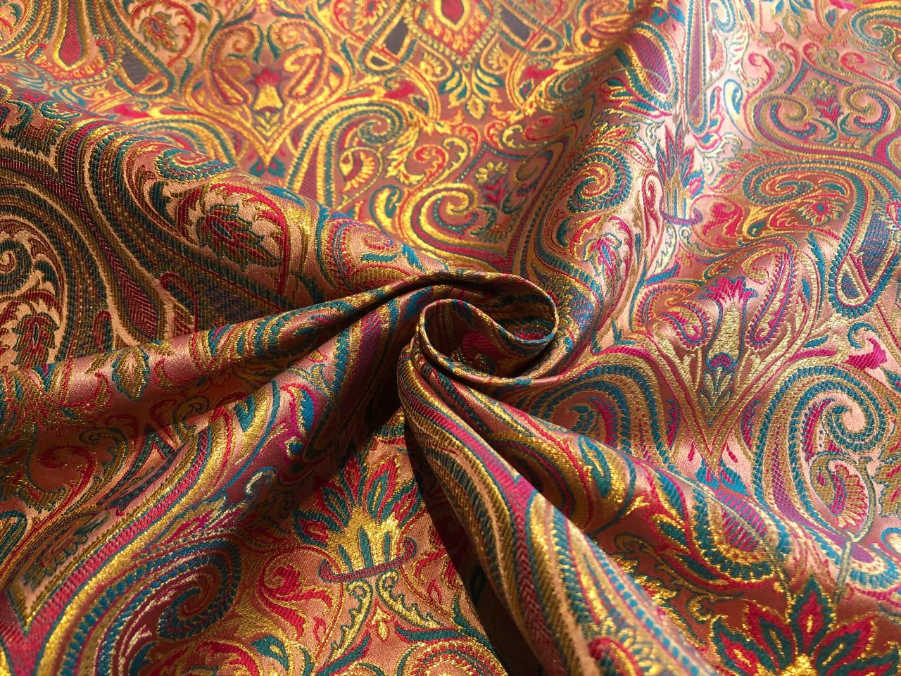 Silk Brocade fabric gold jacquard paisleys available in 3 colors magenta/teal ,deep purple/teal and peach/green/red BRO1102