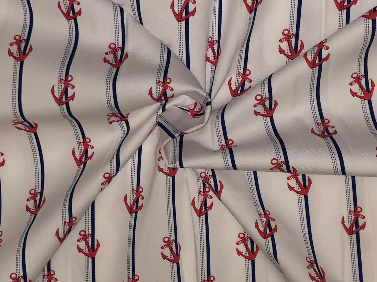 100% cotton poplin  twill weave navy blue /white stripe with red anchor  56" wide [18489]