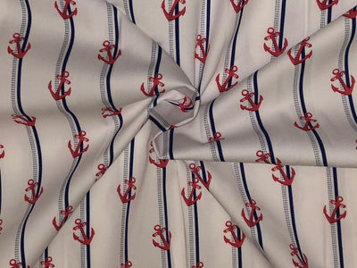 100% cotton poplin  twill weave navy blue /white stripe with red anchor  56" wide [18489]
