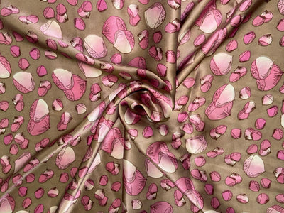 100% Pure Silk Satin 80 grams Dusty olive with pink motifs 54"Wide Fabric [18284]
