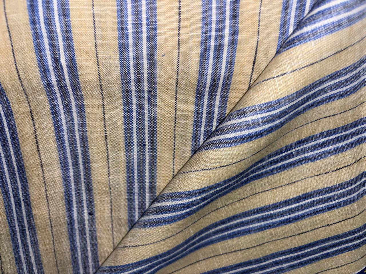 100% Linen stripe 60's Lea Fabric 58" wide camel, blue,black and white stripe [17194]