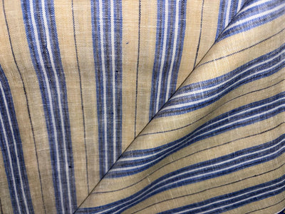 100% Linen stripe 60's Lea Fabric 58" wide camel, blue,black and white stripe [17194]
