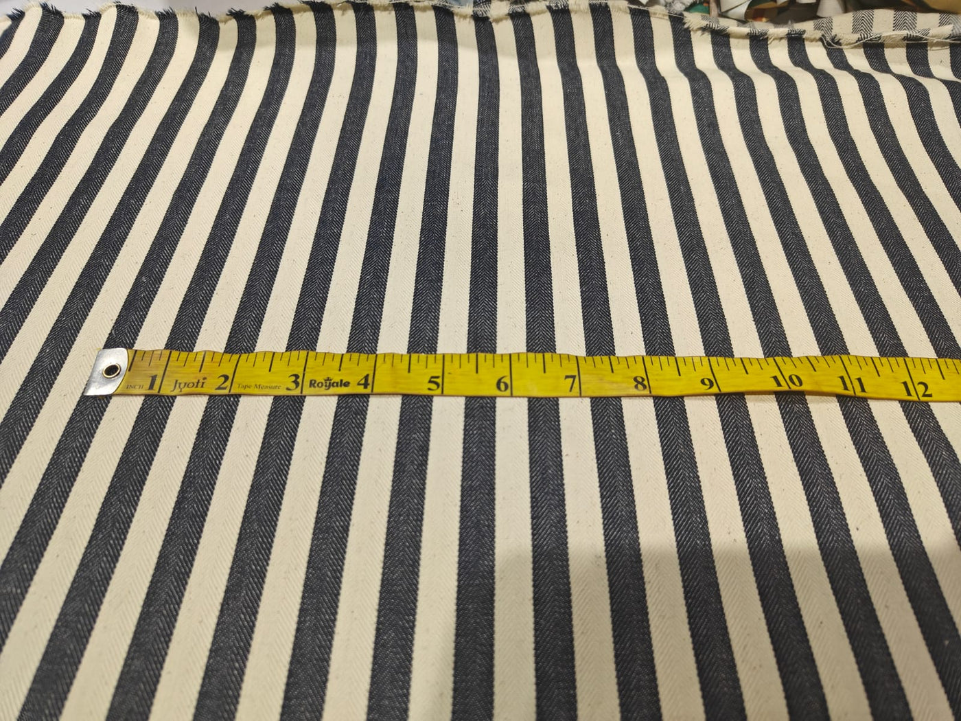 Cotton Denim Fabric ecru and navy herringbone stripes 58" wide [18241]ROLL