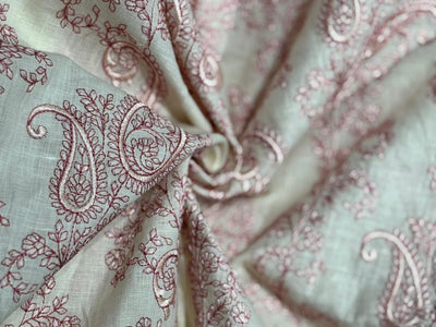 100% Linen  Kashmiri Embroidered fabric paisleys 58" wide available in 3 colors ivory with pink paisleys ,camel with navy paisley and ivory with beige paisley