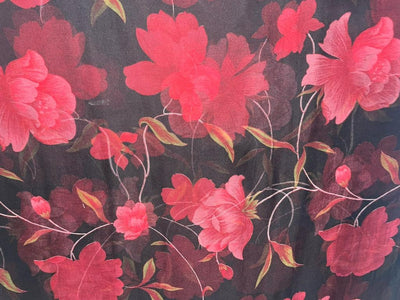 Silk chiffon printed  fabric black with red  floral  44" wide [15479]