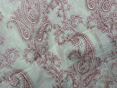 100% Linen  Kashmiri Embroidered fabric paisleys 58" wide available in 3 colors ivory with pink paisleys ,camel with navy paisley and ivory with beige paisley