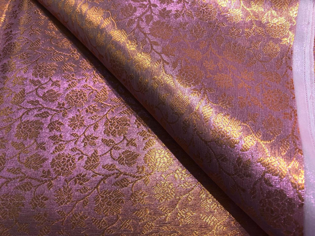 Silk Brocade pink Tissue Fabric with metallic copper  jacquard available in 2 designs floral and geometric with leaf motif BRO1020[1/2]