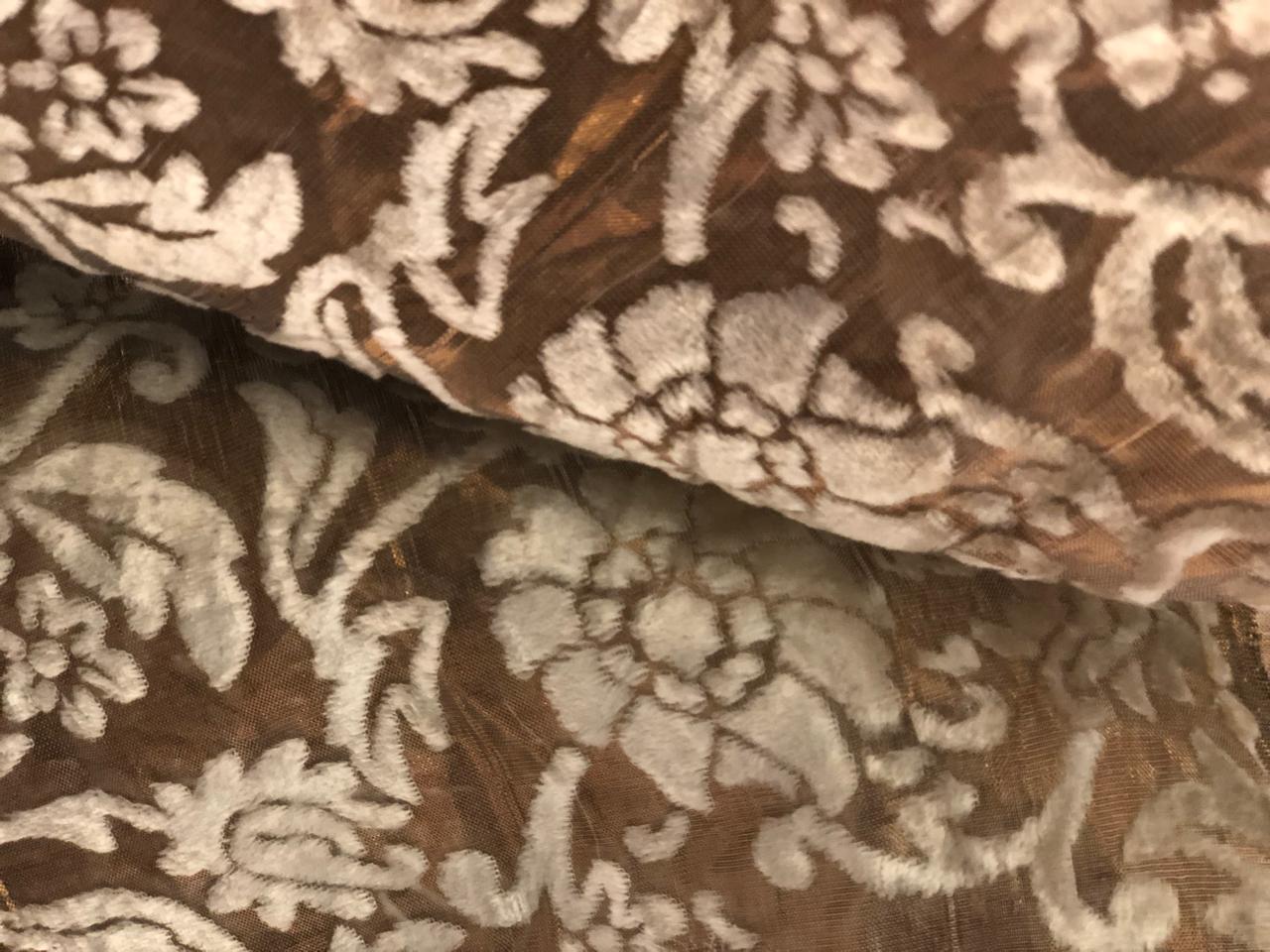 White Devore Viscose Burnout Velvet fabric ~ 44" wide antique gold available in 2 designs floral vines and abstract [18313/14]                         ++