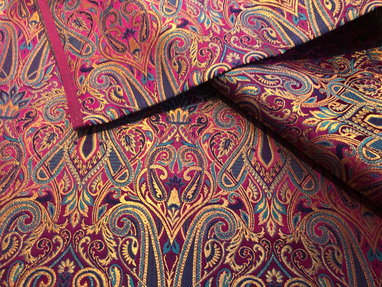 Silk Brocade fabric gold jacquard paisleys available in 3 colors pink/teal , green and red/black  BRO1103