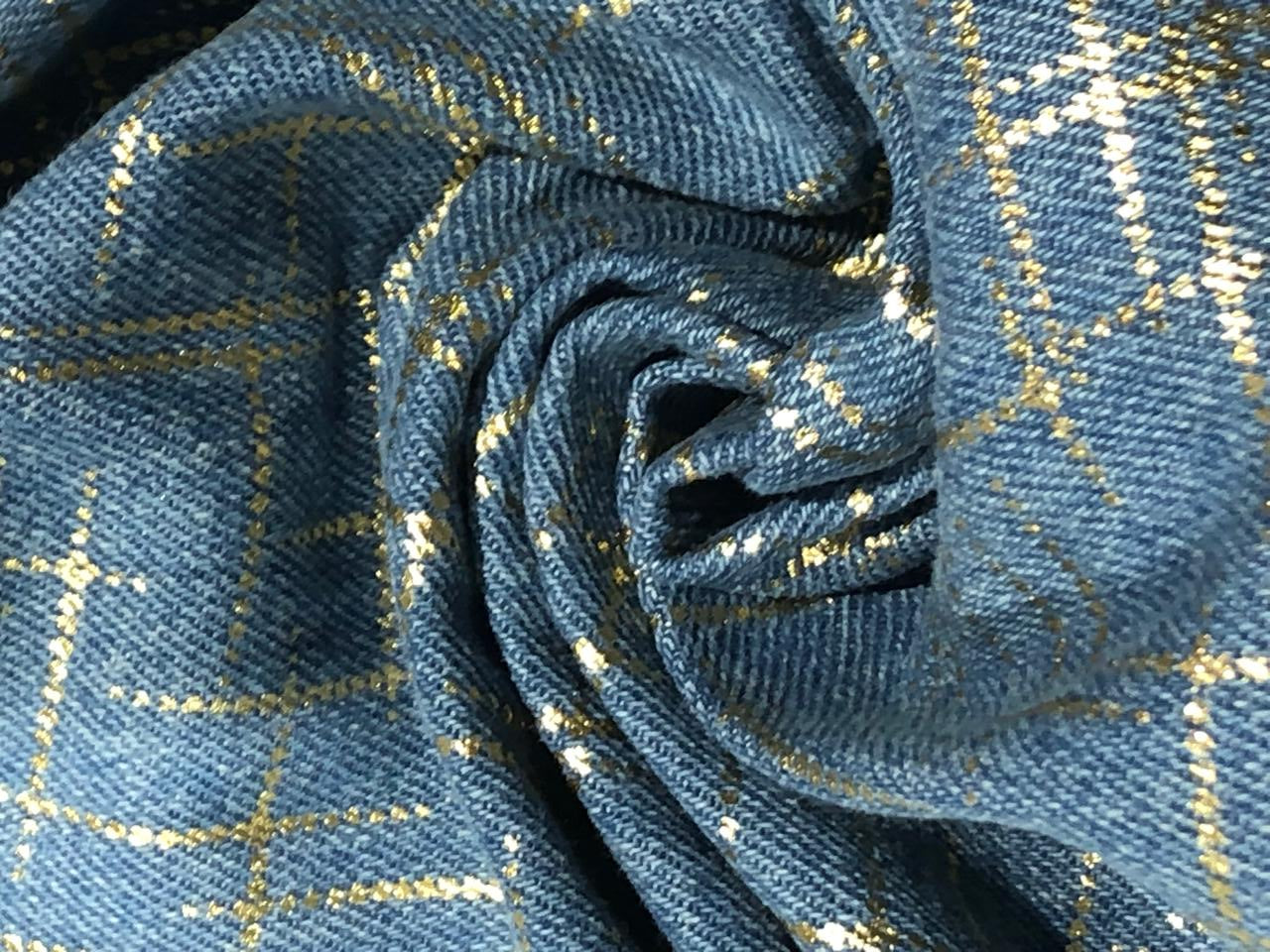 100% Cotton Denim Fabric with foil print 58" wide available in 3 colors light dusty green, light blue and darker blue[17720/21/22]