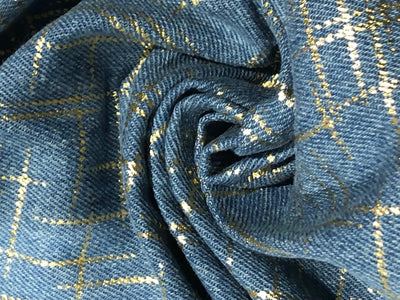 100% Cotton Denim Fabric with foil print 58" wide available in 3 colors light dusty green, light blue and darker blue[17720/21/22]