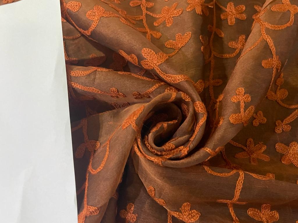 100% Silk organza fabric embroidered 54" wide available in 3 colors [brown/taupe/beige 8272/15354/15355]