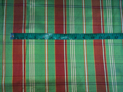100% PURE SILK DUPIONI FABRIC  PLAIDS APPLE  GREEN AND RUSTY ORANGE  COLOR 54" WIDE single length 4.50  yds DUPcutC16