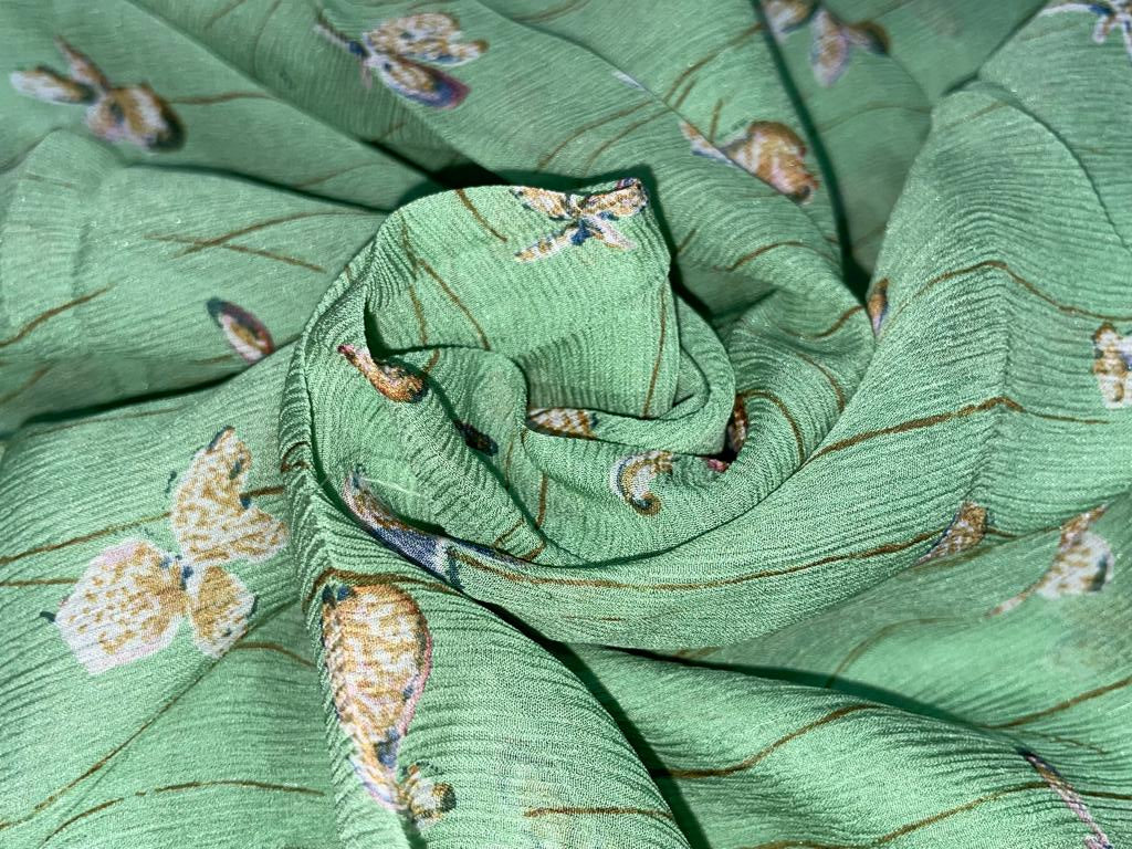 Silk chiffon printed  fabric green butterflies 44" wide [15452]