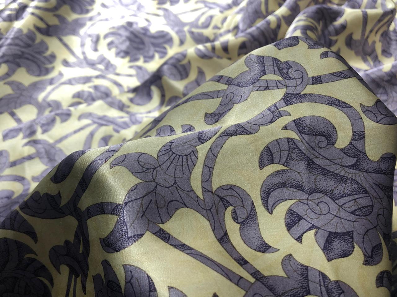 100% PURE SILK 80 GRAMS  SATIN PRINTED 44"WIDE FABRIC FLORAL PRINTED available in 2 colors  BLACK WITH GOLD and CREAM WITH LILAC [16944/48]