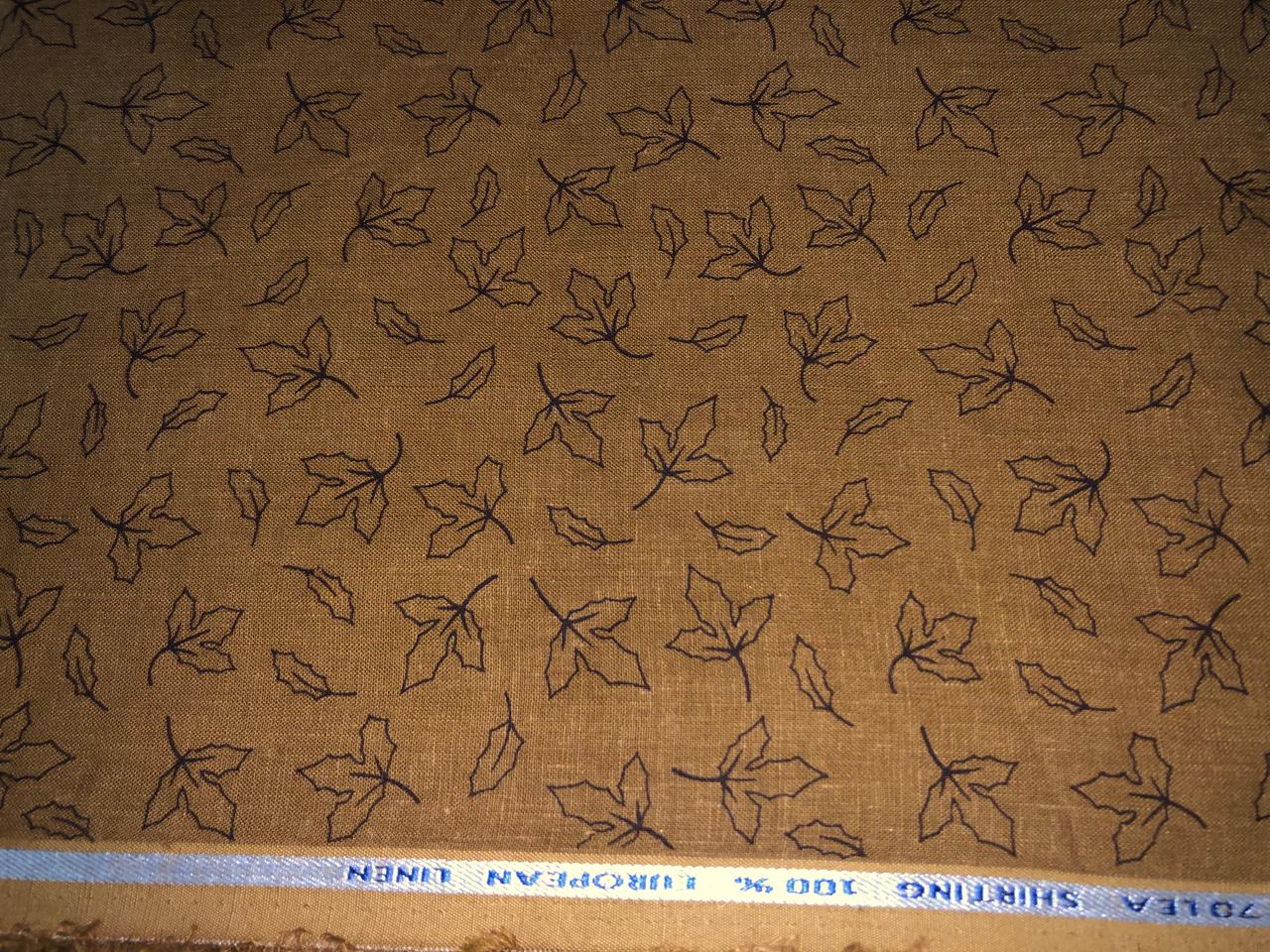 100% Linen  60 Lea Fabric mustard brown  leaf motif print  58" wide amazing for shirting and summer wear [17145]