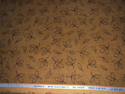 100% Linen  60 Lea Fabric mustard brown  leaf motif print  58" wide amazing for shirting and summer wear [17145]