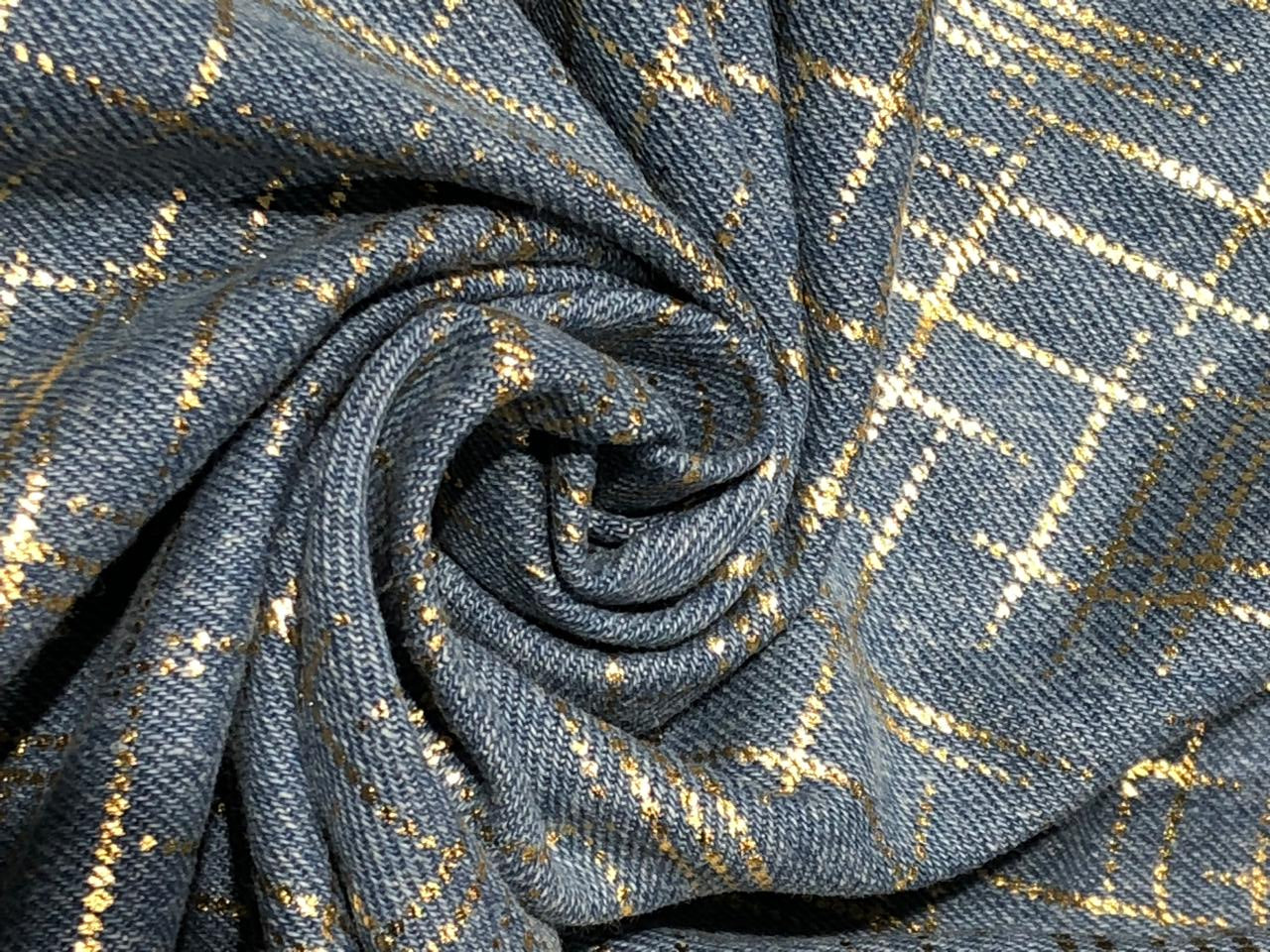 100% Cotton Denim Fabric with foil print 58" wide available in 3 colors light dusty green, light blue and darker blue[17720/21/22]