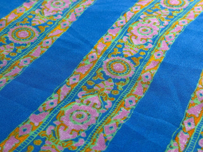 Pure silk  crepe printed fabric stripes of blue and orange, pink floral 54"[18263]