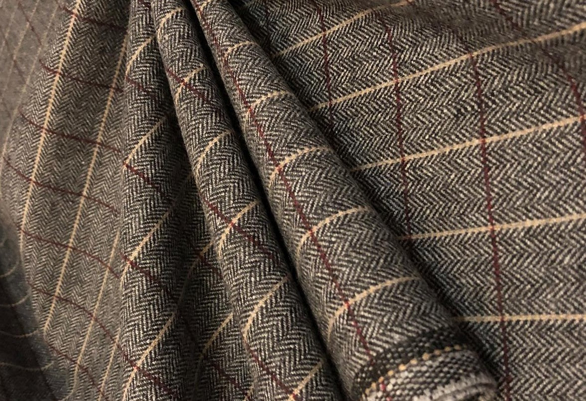 British Tweed Premium Suiting plaids Fabric 58" wide in grey, burgundy and peach [18677]