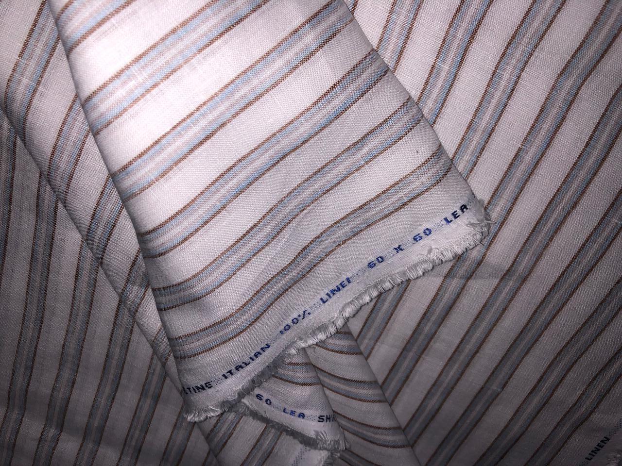 100% Linen stripe 60's Lea Fabric 58" wide ivory/powder blue and light brown color stripes