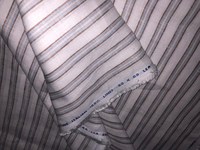 100% Linen stripe 60's Lea Fabric 58" wide ivory/powder blue and light brown color stripes
