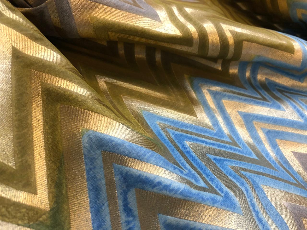 Silk Brocade fabric geometric zig zag jacquard slate blue ,olive and gold BRO1092[3]
