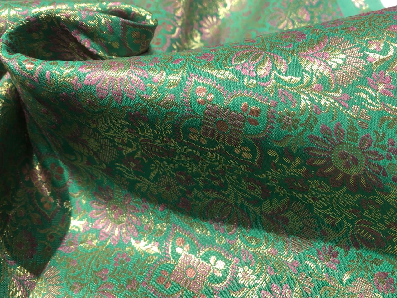 Silk Brocade fabric 44" pink and metallic gold floral jacquard available in 3 colors silver grey, green and pinkBRO1047