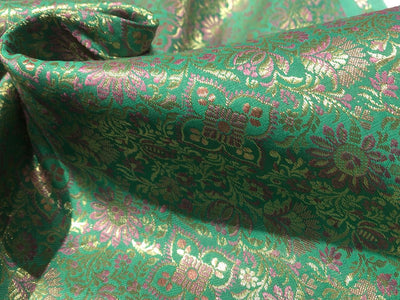 Silk Brocade fabric 44" pink and metallic gold floral jacquard available in 3 colors silver grey, green and pinkBRO1047