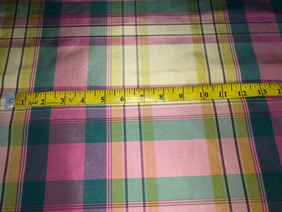 100% PURE SILK DUPIONI FABRIC  PLAIDS  pinks,yellows and greens  COLOR 54" WIDE single length 4 yds DUPcutC8