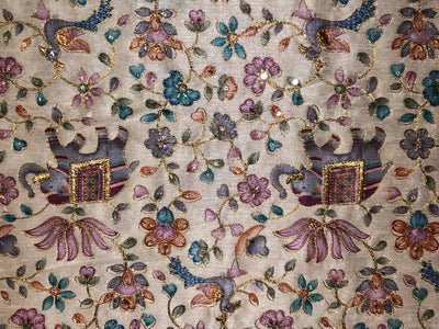 Silk Brocade fabric ivory with elephant ,peacock ,lotus motif and floral jacquard with subtle sequins and embroidery BRO1069[2]