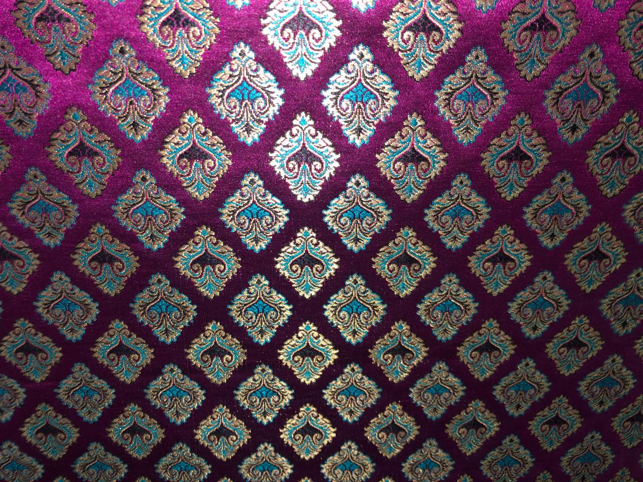 Silk Brocade fabric 44" magenta with teal and  gold metallic jacquard  motif BRO1056[1]