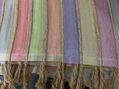 Organza silk fabric multi color stripe selvidge to selvidge vertical 44" wide with jute rope [9809]