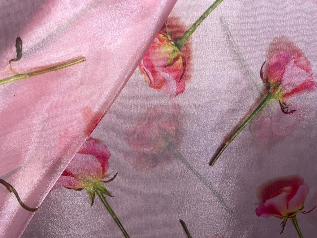 Satin organza fabric digital printed pink with pink roses WIDTH 44 INCHES 112 CMS WIDE [8961]