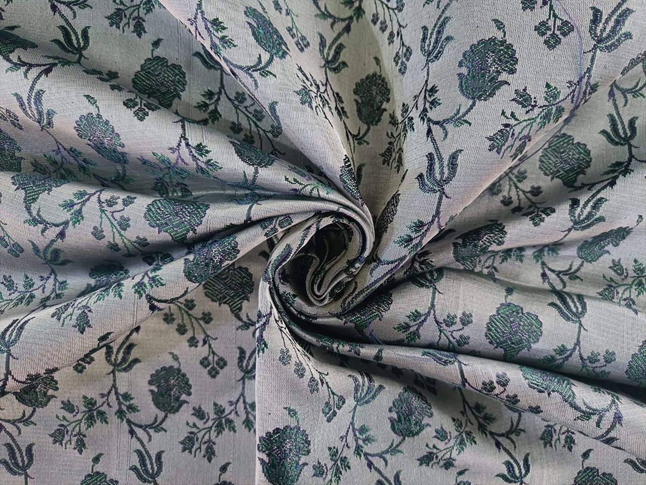 Silk Brocade fabric silver grey with blue green floral jacquard 44" wide BRO160[2]