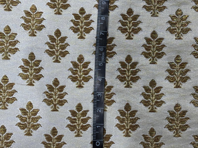 Silk Brocade fabric 44" dark ivory with antique gold jacquard motifs available in 2 designs leaf and paisley BRO1053