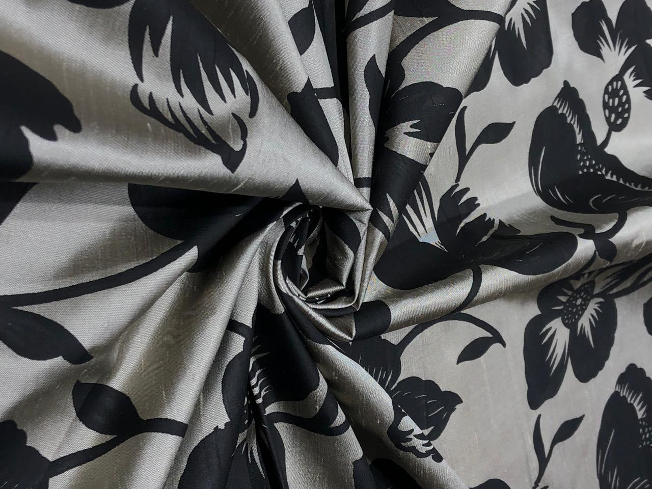 100% silk Dupion fabric brushed  gold with black floral print 54" wide DUPPRT42