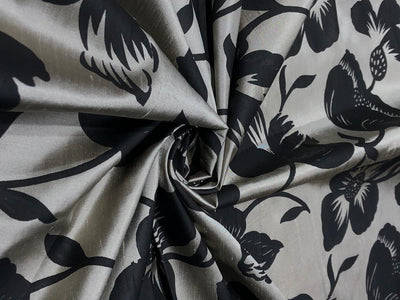 100% silk Dupion fabric brushed  gold with black floral print 54" wide DUPPRT42